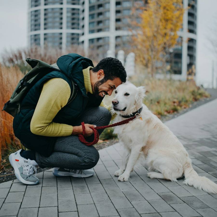 man sitting with dog outside
